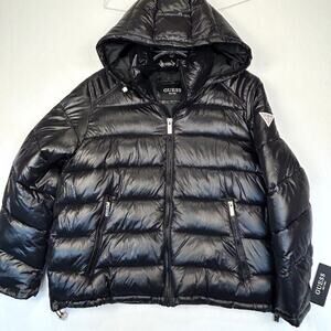 GUESS Mens Hooded Puffer Coat Logo Winter Jacket Black Size XL NWT Poly Filled